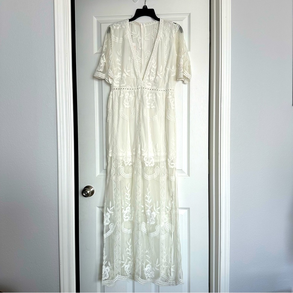White lace sheer maxi dress with attached shorts size M